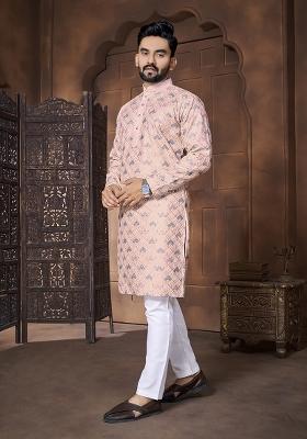 Pink Embroidered Italian Silk Kurta Set For Men