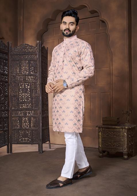 Pink Embroidered Italian Silk Kurta Set For Men