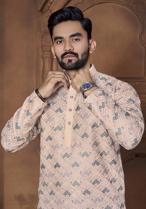 Peach Embroidered Italian Silk Kurta Set For Men