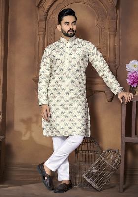 Pista Green Embroidered Italian Silk Kurta Set For Men