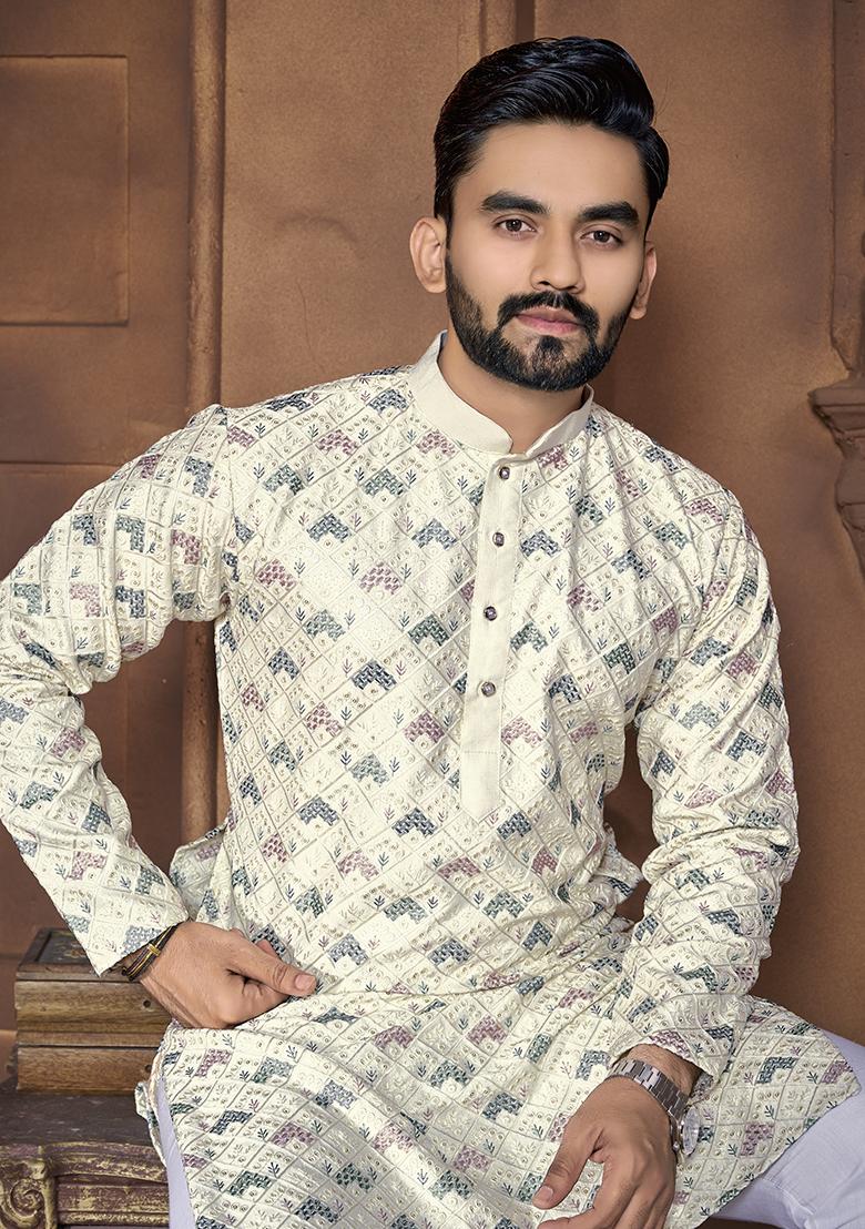 Pista Green Embroidered Italian Silk Kurta Set For Men