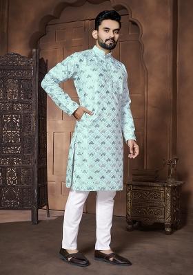 Sky Blue Embroidered Italian Silk Kurta Set For Men