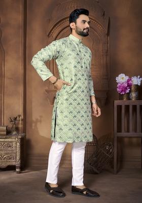 Green Embroidered Italian Silk Kurta Set For Men