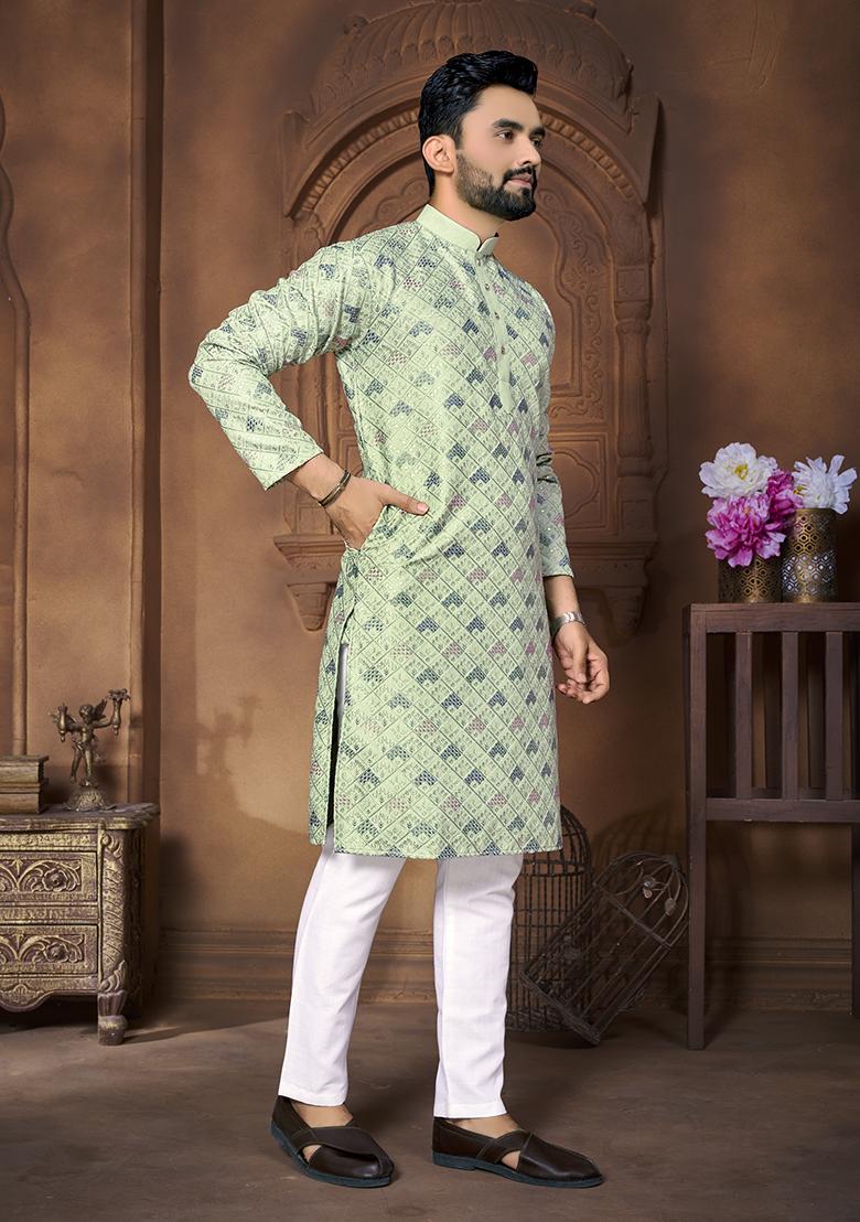 Green Embroidered Italian Silk Kurta Set For Men