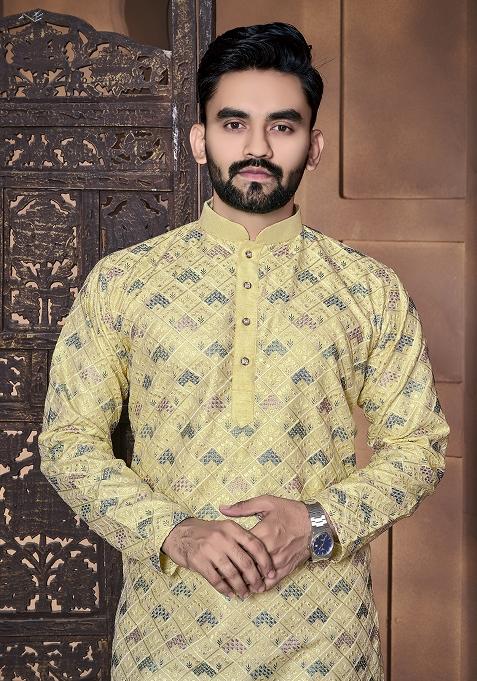 Yellow Embroidered Italian Silk Kurta Set For Men