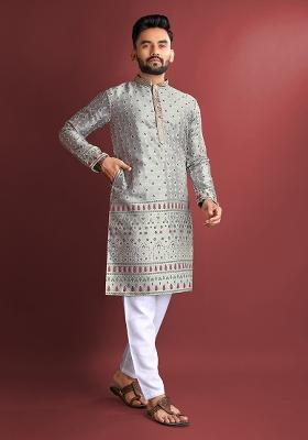 Grey Amboj Work Silk Kurta Set For Men