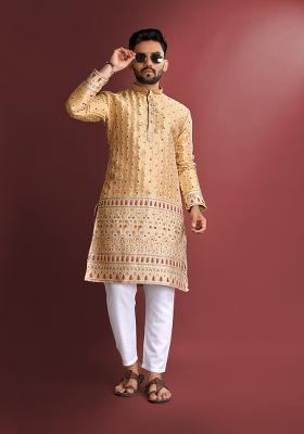 Light Orange Amboj Work Silk Kurta Set For Men