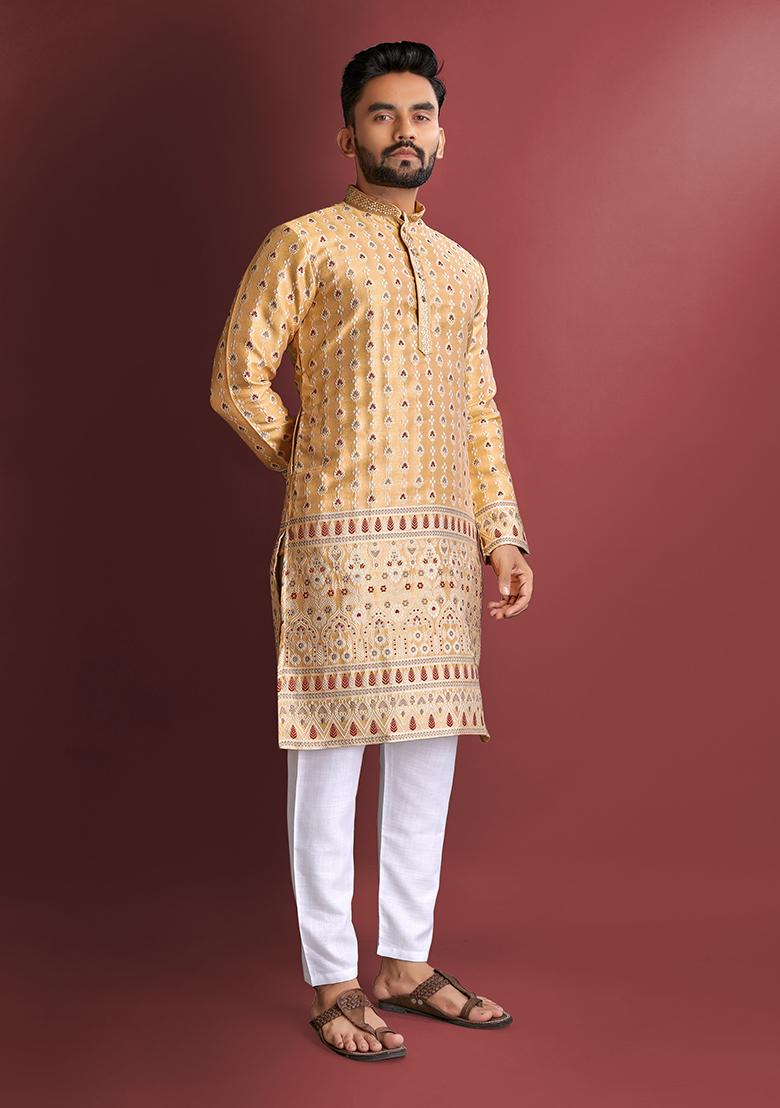 Light Orange Amboj Work Silk Kurta Set For Men