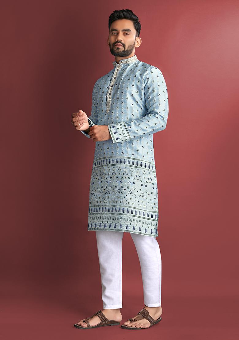 Sky Blue Amboj Work Silk Kurta Set For Men