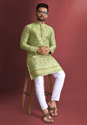 Green Amboj Work Silk Kurta Set For Men