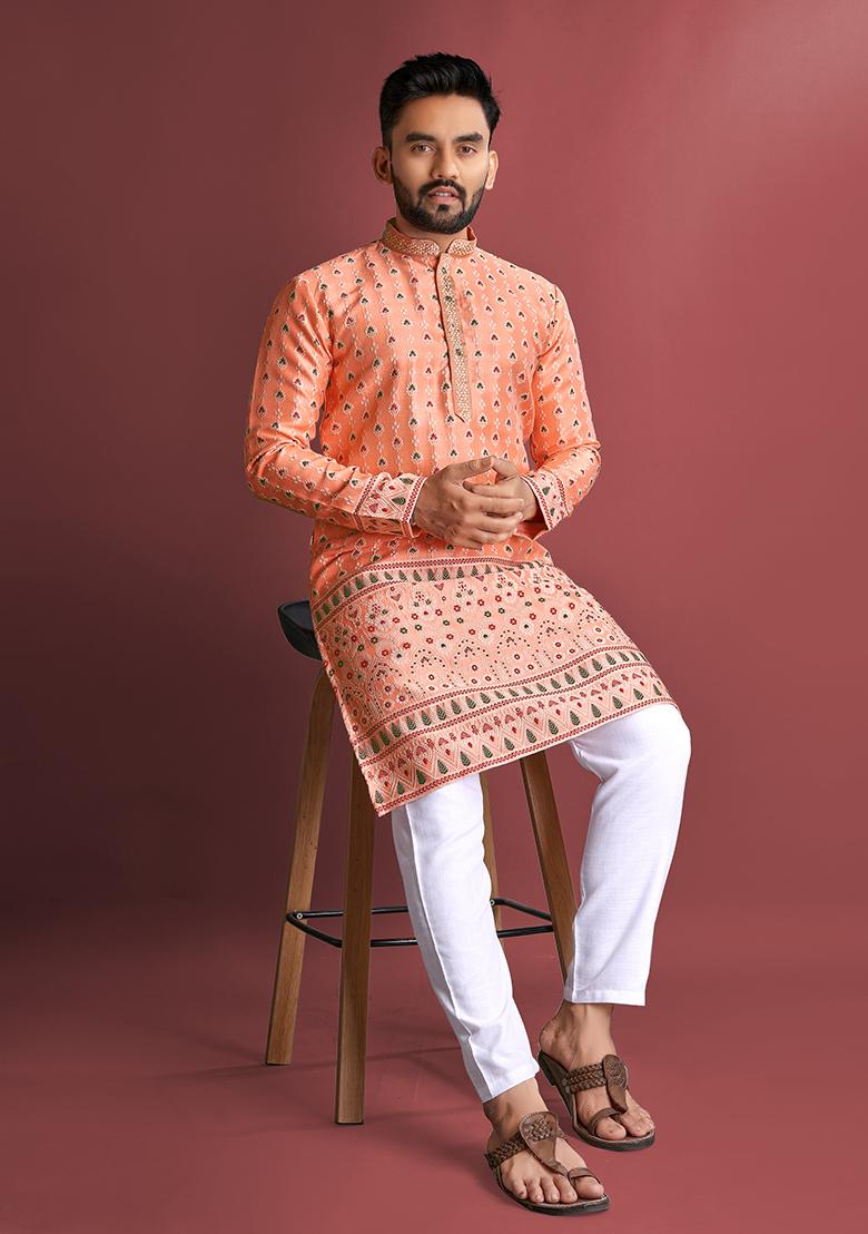 Orange Amboj Work Silk Kurta Set For Men