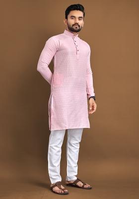 Pink Self Buti Jaquard Kurta Set For Men