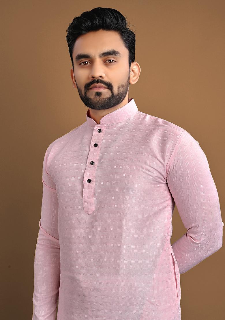Pink Self Buti Jaquard Kurta Set For Men