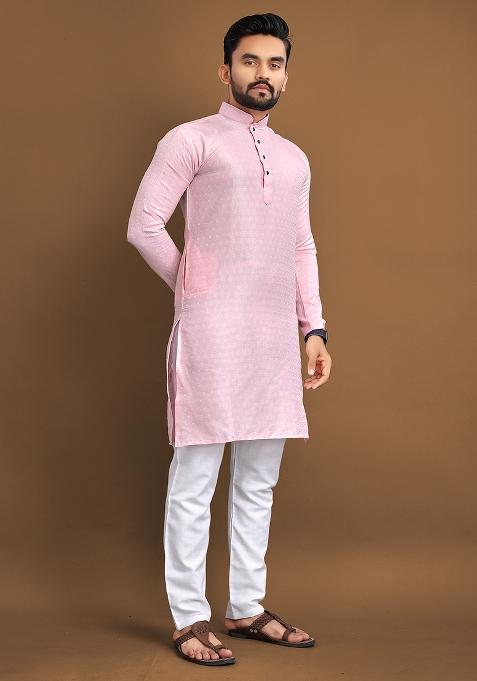 Pink Self Buti Jaquard Kurta Set For Men