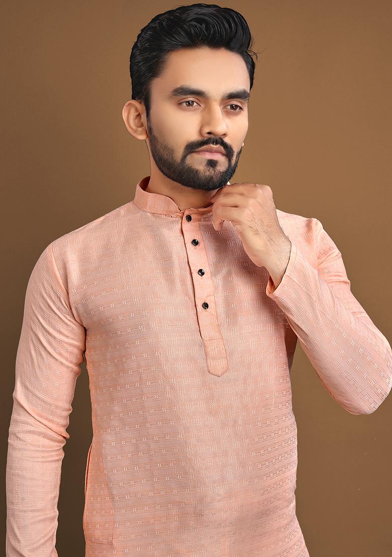 Orange Self Buti Jaquard Kurta Set For Men