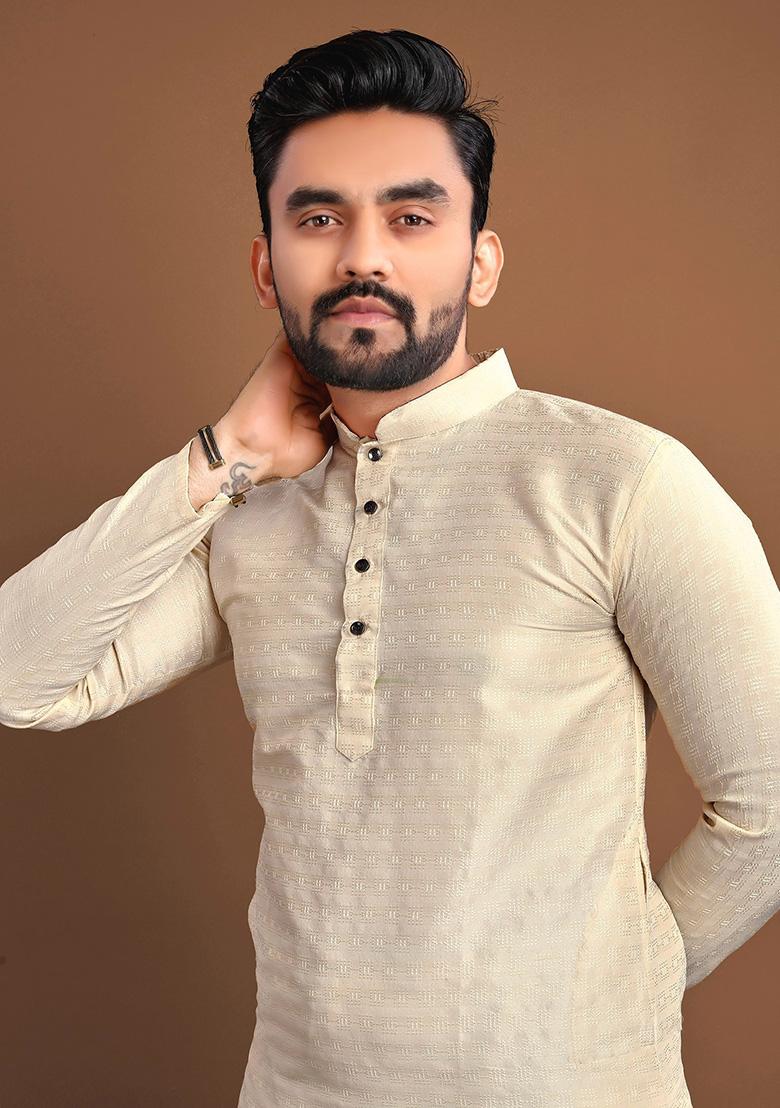 Light Pink Self Buti Jaquard Kurta Set For Men