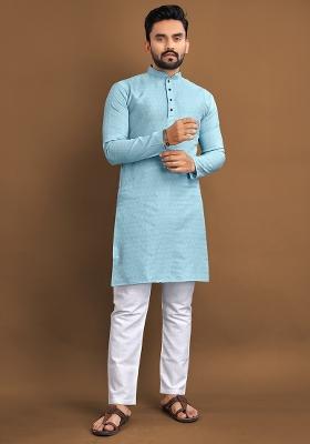 Sky Blue Self Buti Jaquard Kurta Set For Men