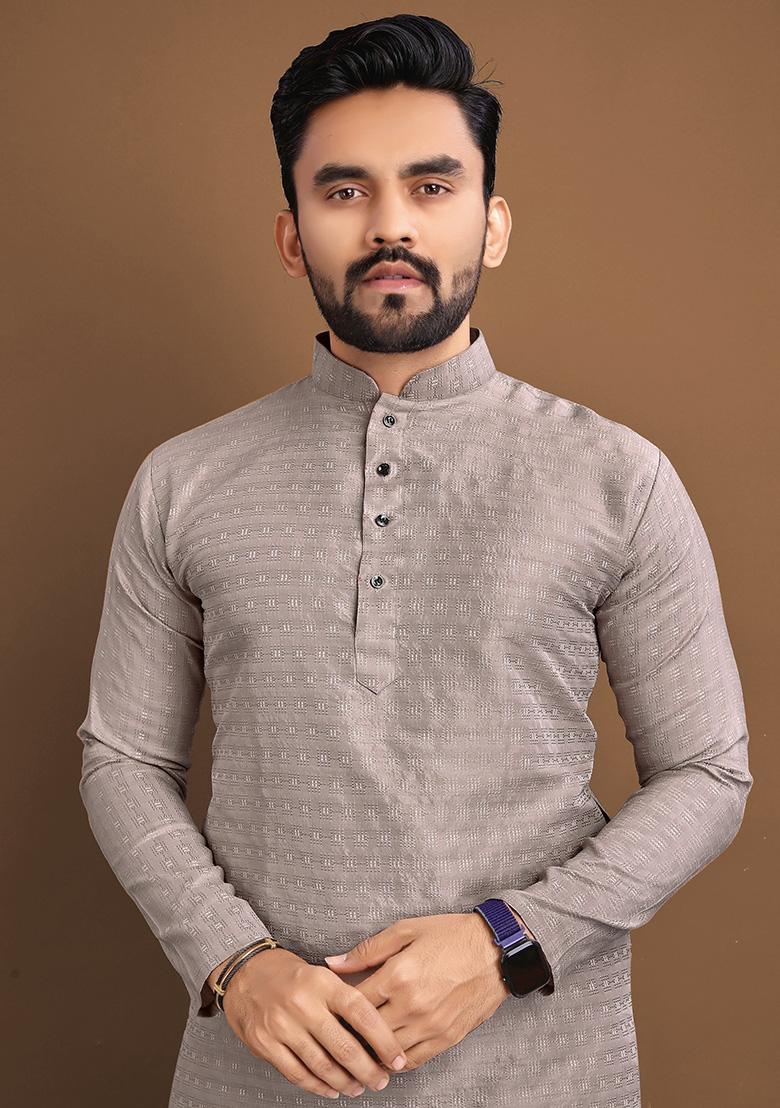 Grey Self Buti Jaquard Kurta Set For Men