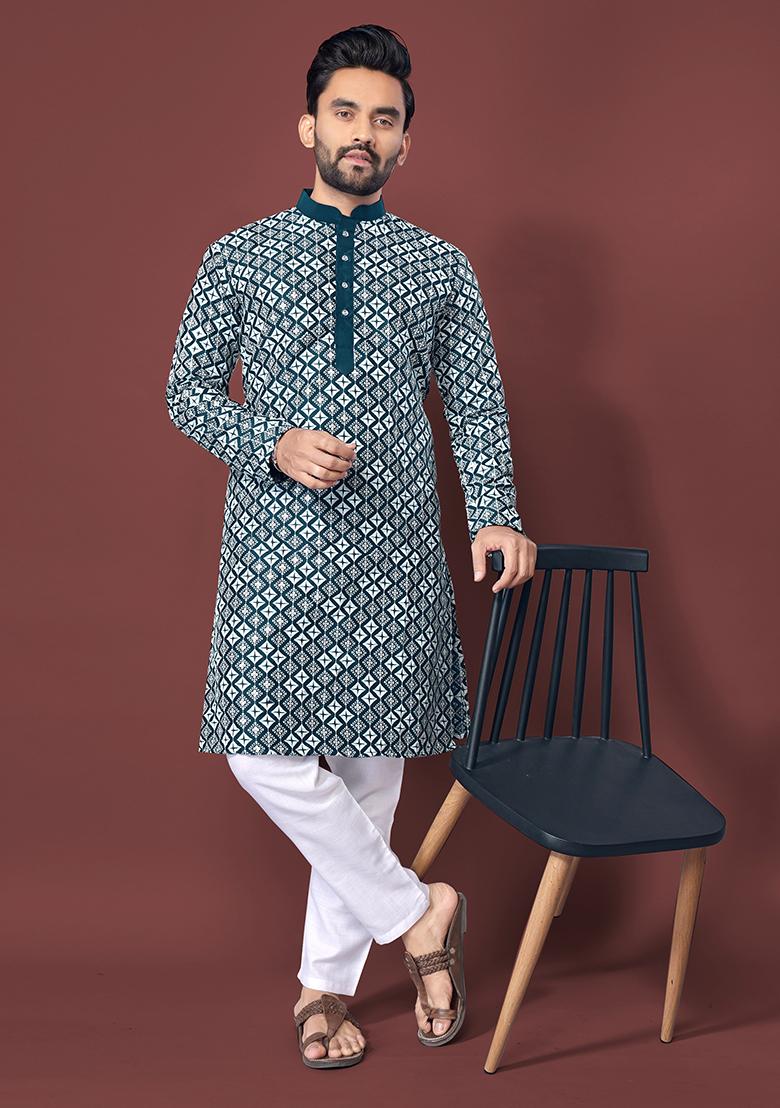 Teal Blue Embroidered Soft Silk Kurta Set For Men