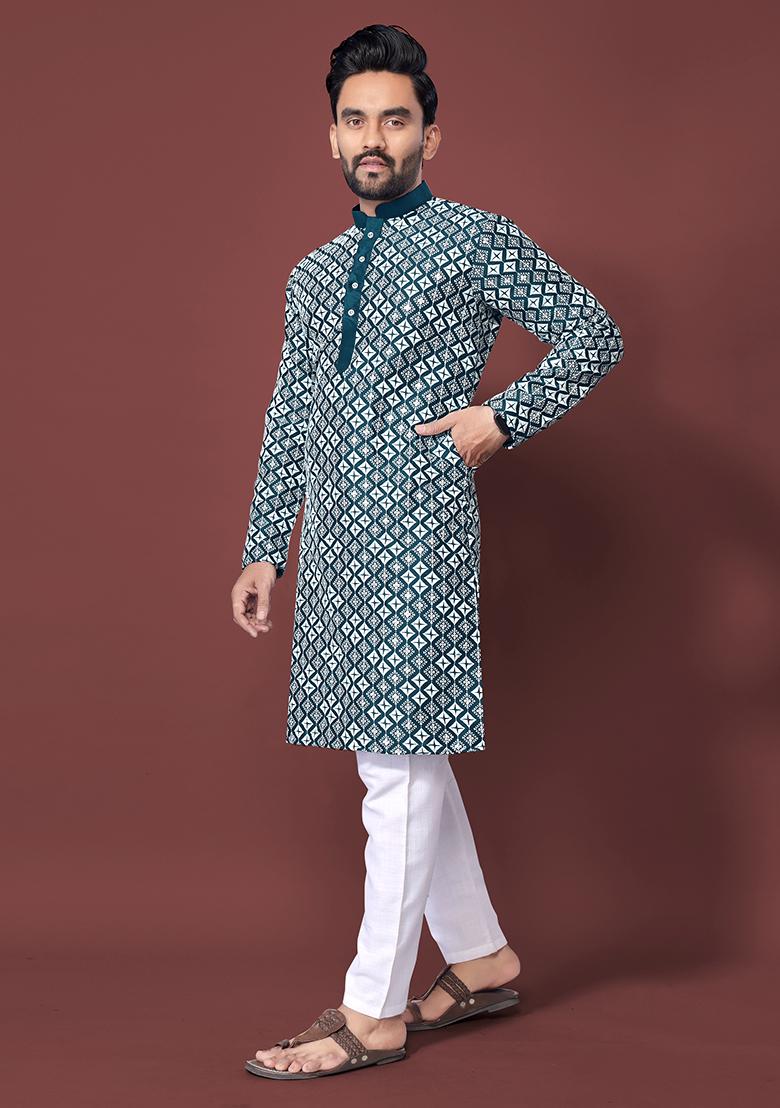 Teal Blue Embroidered Soft Silk Kurta Set For Men