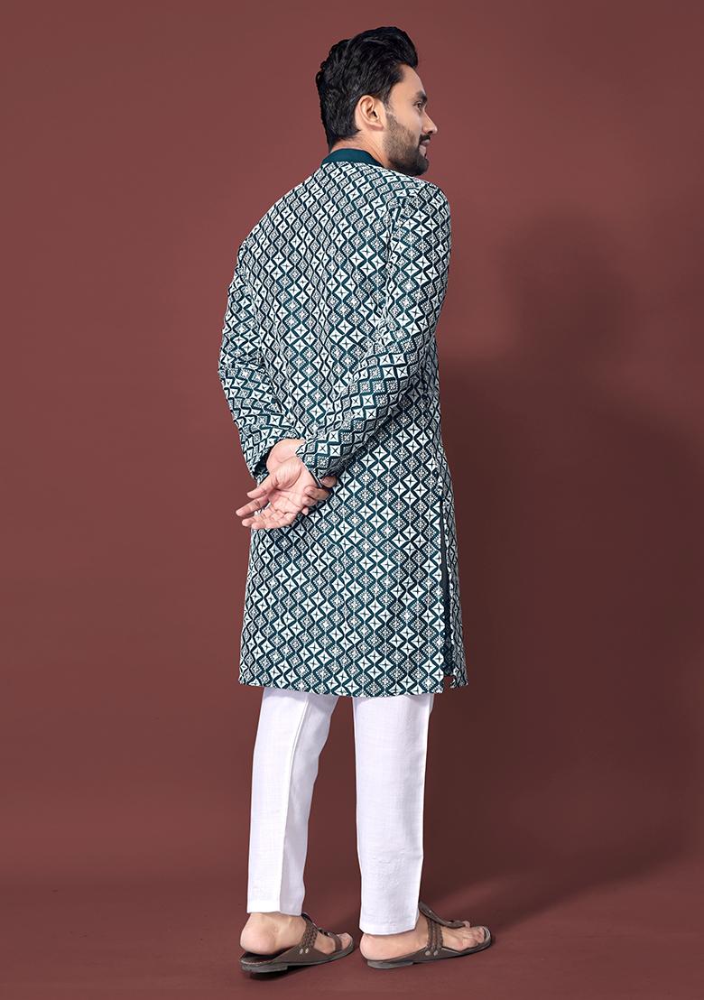 Teal Blue Embroidered Soft Silk Kurta Set For Men