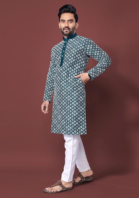 Teal Blue Embroidered Soft Silk Kurta Set For Men