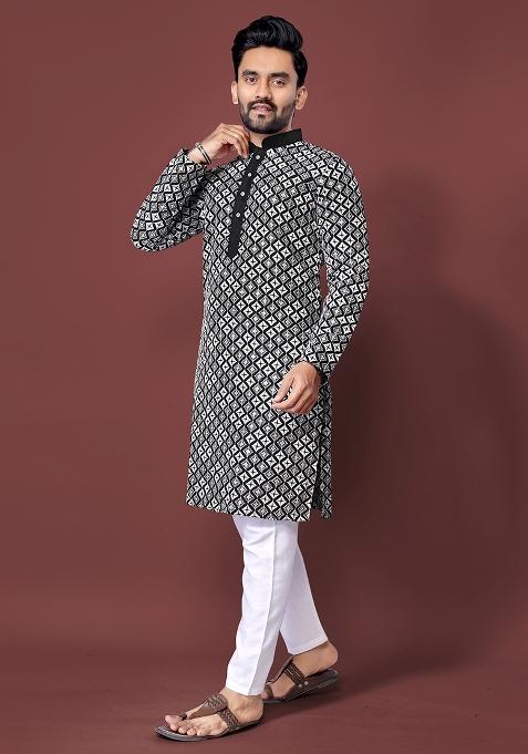 Black Embroidered Soft Silk Kurta Set For Men