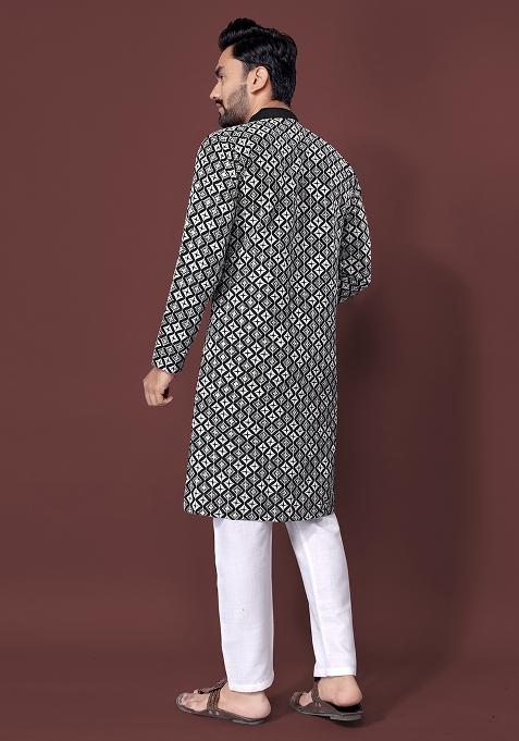 Black Embroidered Soft Silk Kurta Set For Men