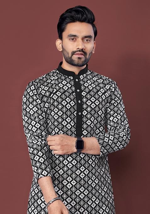 Black Embroidered Soft Silk Kurta Set For Men