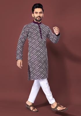 Wine Embroidered Soft Silk Kurta Set For Men