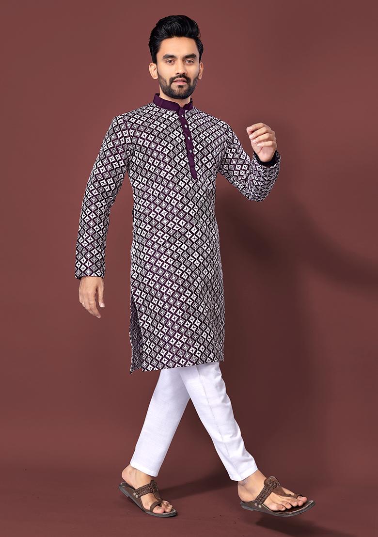 Wine Embroidered Soft Silk Kurta Set For Men