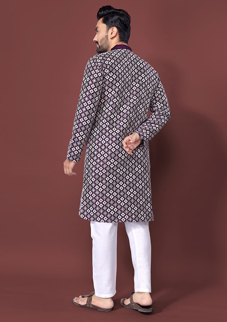 Wine Embroidered Soft Silk Kurta Set For Men