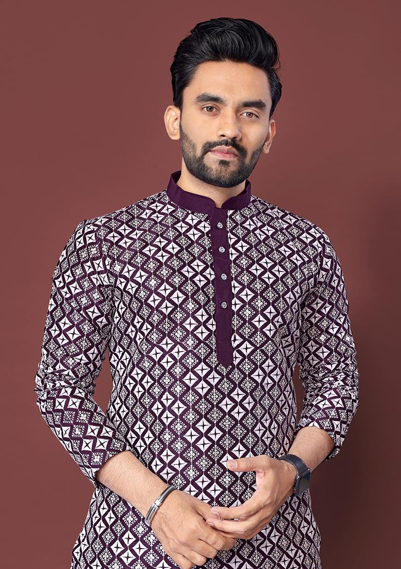 Wine Embroidered Soft Silk Kurta Set For Men