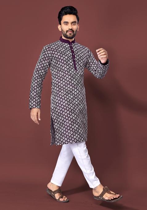 Wine Embroidered Soft Silk Kurta Set For Men