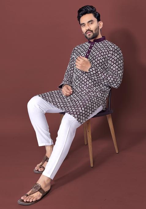 Wine Embroidered Soft Silk Kurta Set For Men