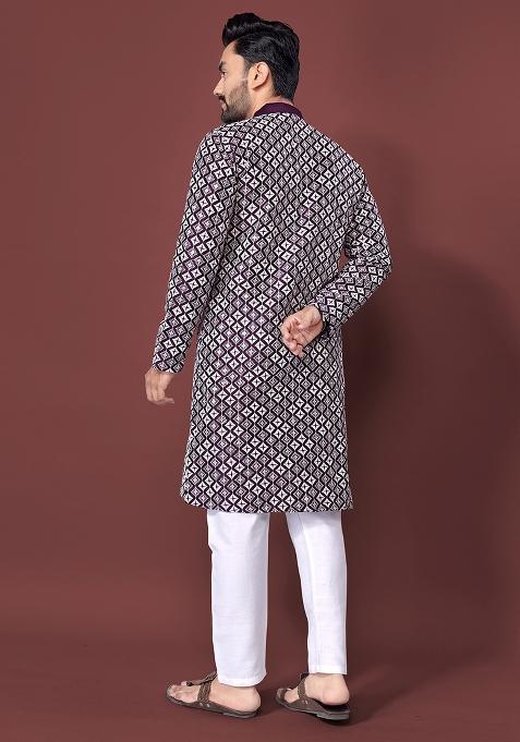 Wine Embroidered Soft Silk Kurta Set For Men