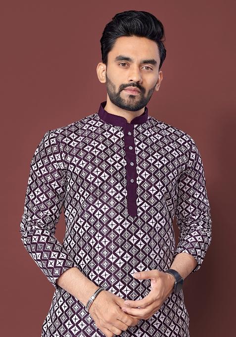 Wine Embroidered Soft Silk Kurta Set For Men