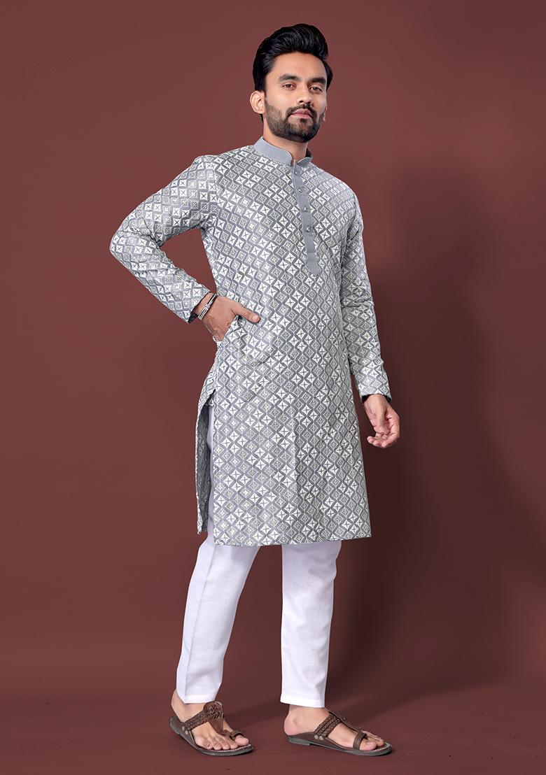 Grey Embroidered Soft Silk Kurta Set For Men