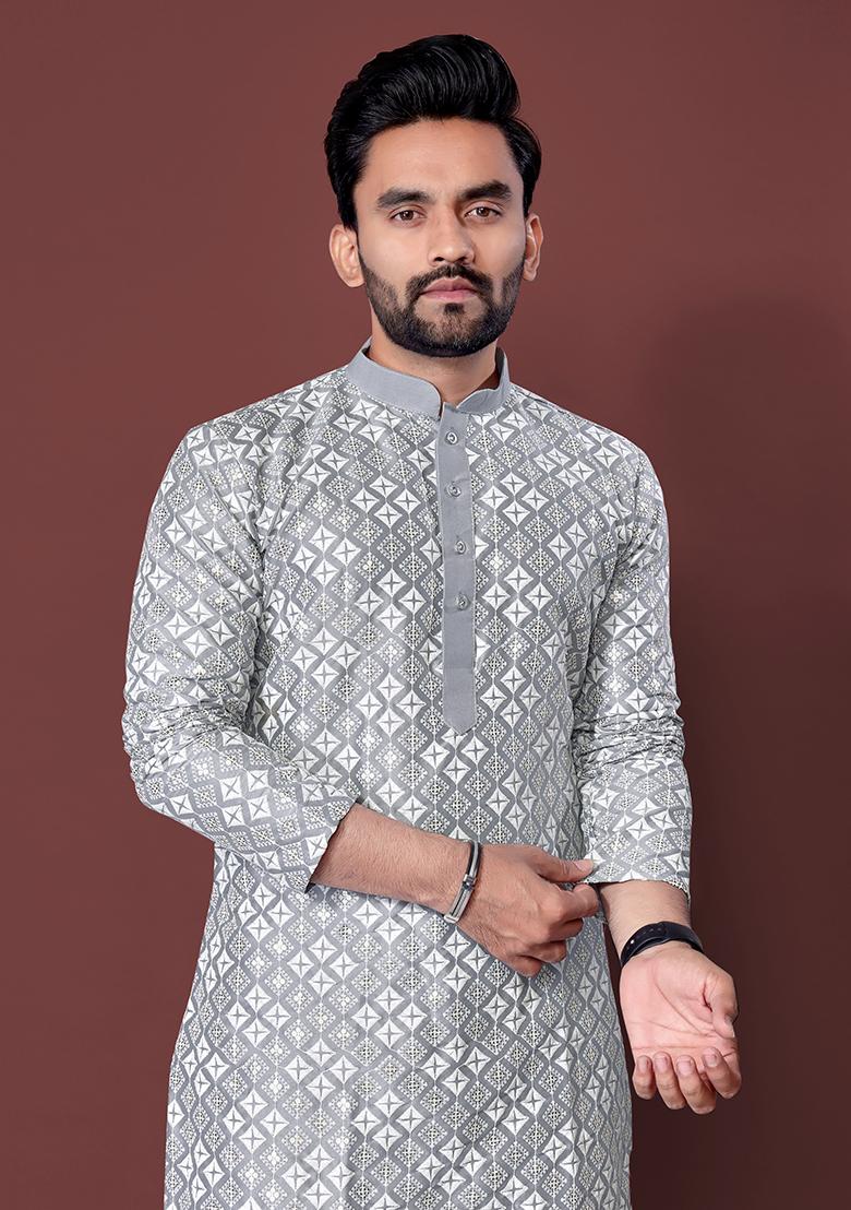 Grey Embroidered Soft Silk Kurta Set For Men