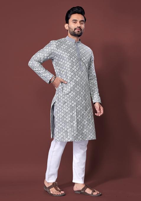 Grey Embroidered Soft Silk Kurta Set For Men