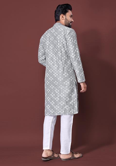 Grey Embroidered Soft Silk Kurta Set For Men