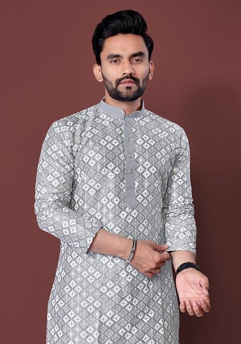 Grey Embroidered Soft Silk Kurta Set For Men