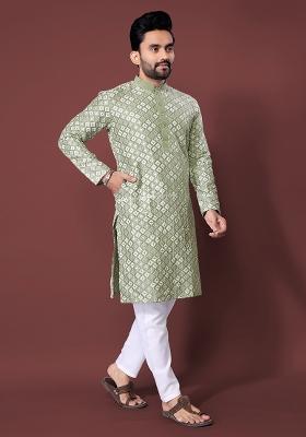 Pista Green Embroidered Soft Silk Kurta Set For Men