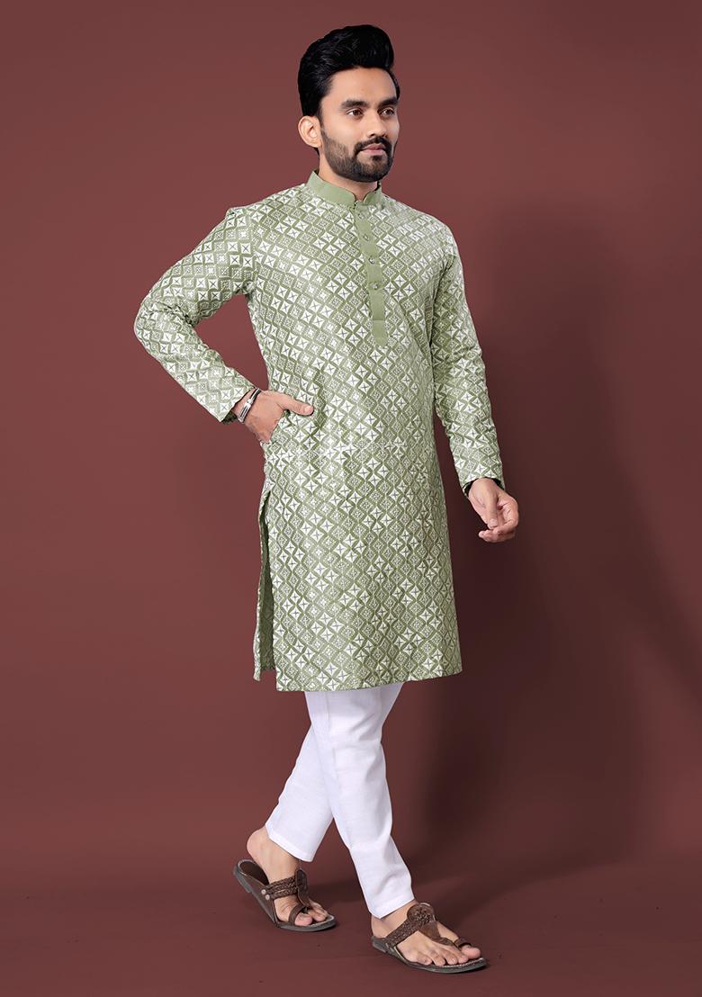 Pista Green Embroidered Soft Silk Kurta Set For Men