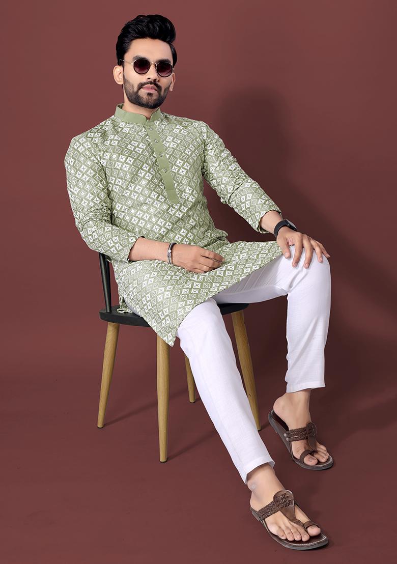 Pista Green Embroidered Soft Silk Kurta Set For Men