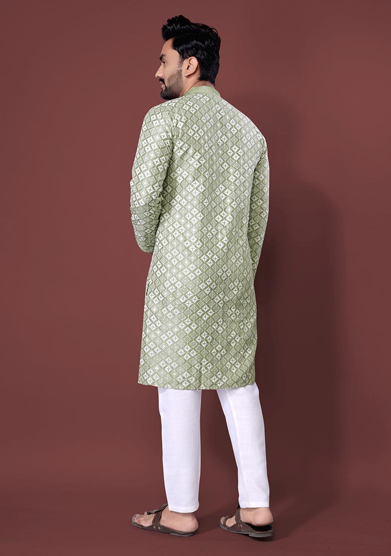 Pista Green Embroidered Soft Silk Kurta Set For Men