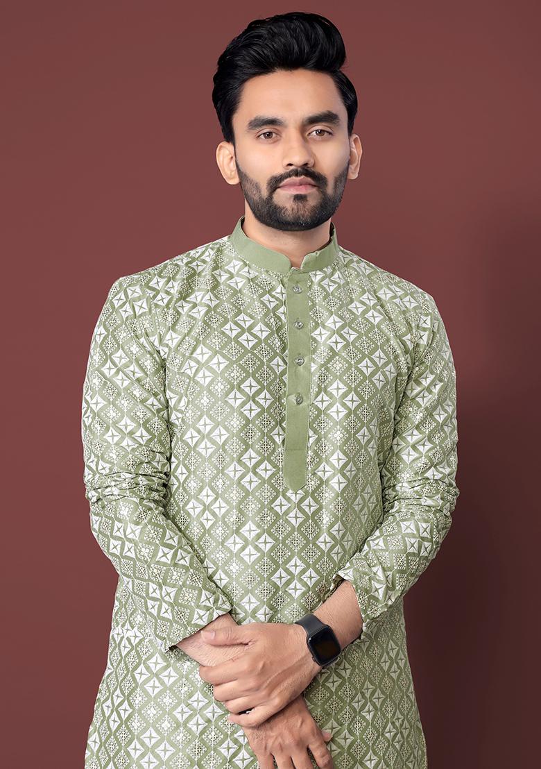 Pista Green Embroidered Soft Silk Kurta Set For Men