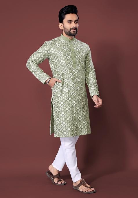 Pista Green Embroidered Soft Silk Kurta Set For Men