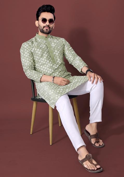 Pista Green Embroidered Soft Silk Kurta Set For Men