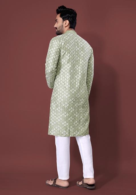 Pista Green Embroidered Soft Silk Kurta Set For Men
